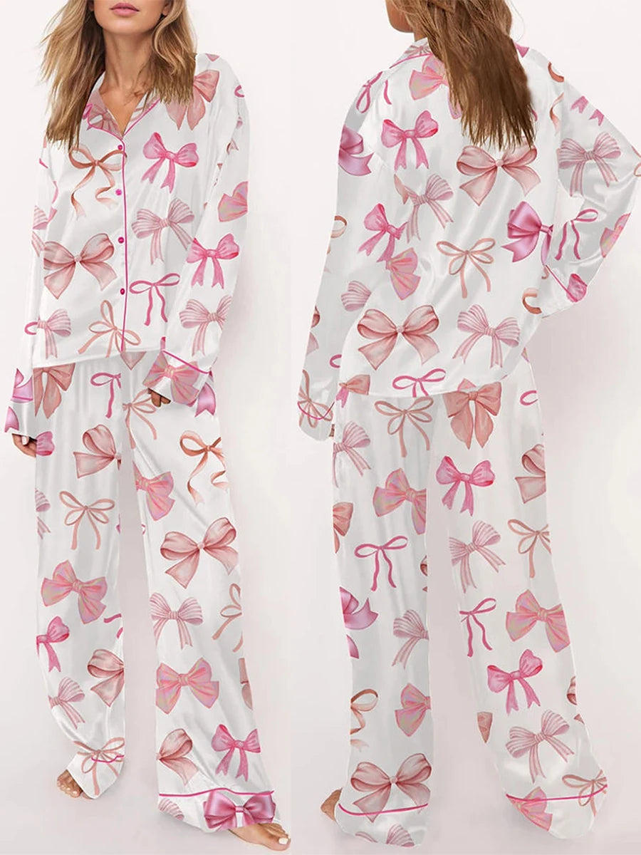 Cute Silky Pink Bow Pajamas Set